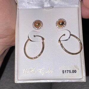 10K Gold Stud with CZ and Hoop Earrings Set